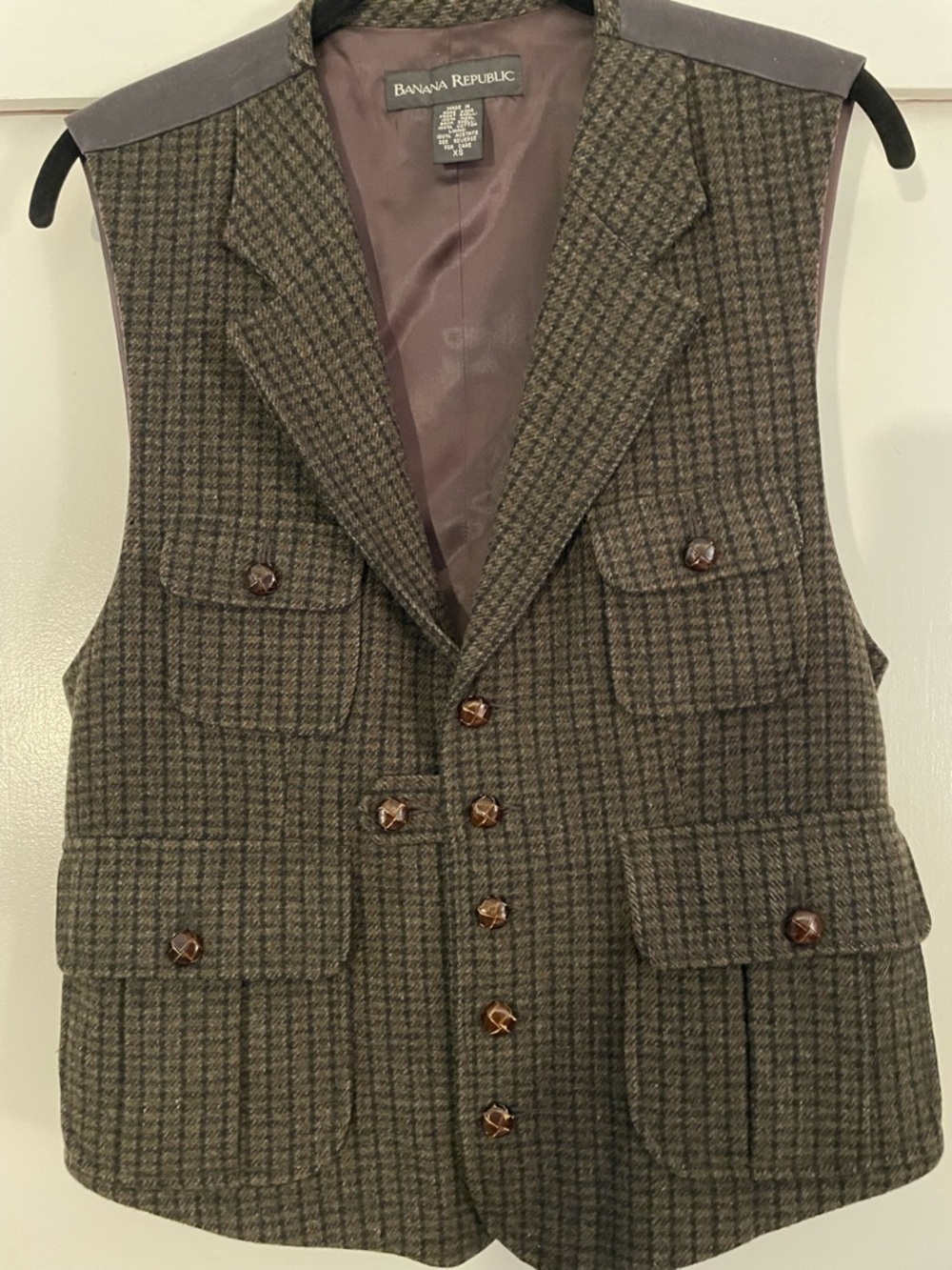 Banana Republic Women's Wool Houndstooth Button Vest - Brown Green